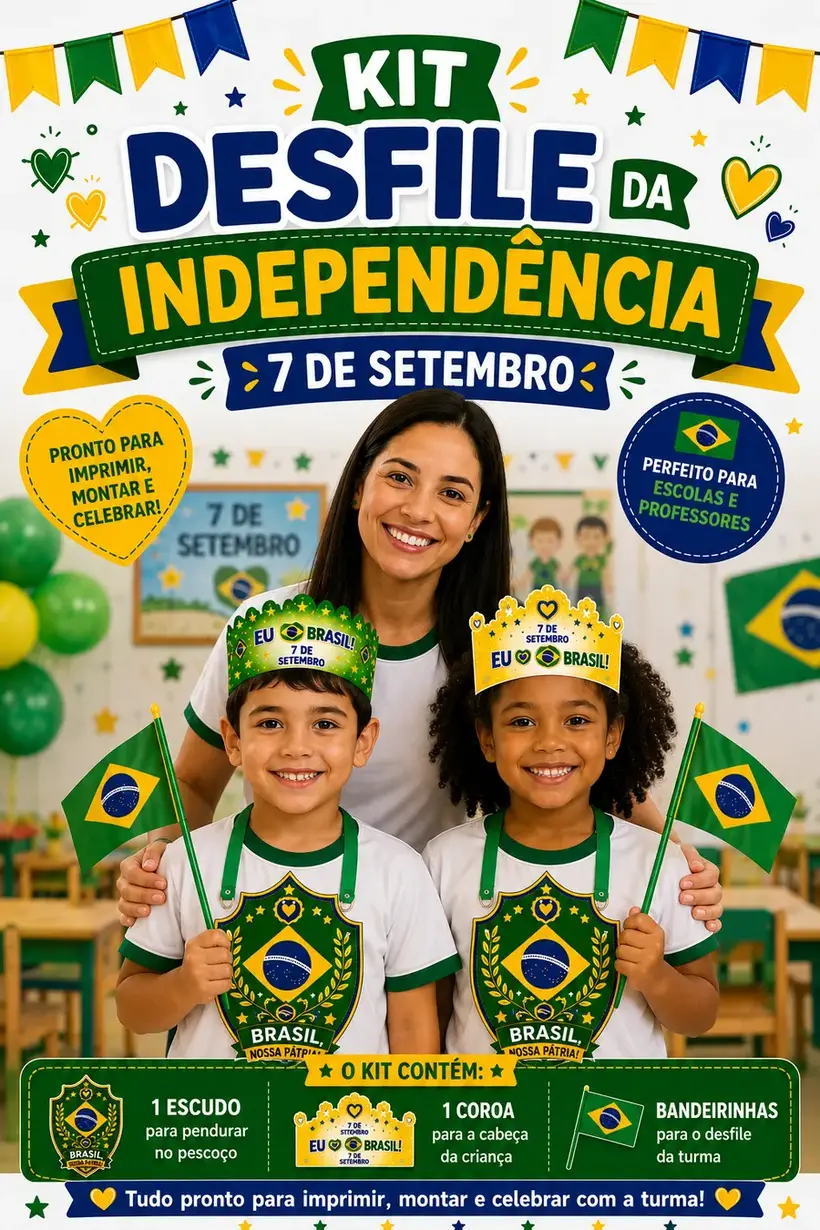 Capa do Kit Desfile da Independência: escudo, coroa e bandeirinhas para imprimir e montar